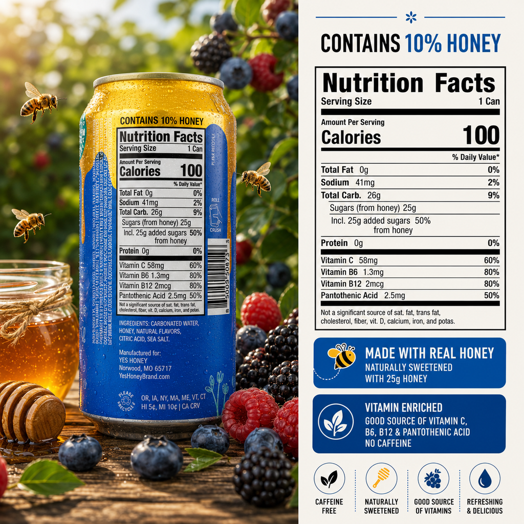 Yes Honey Berry  Functional Soda  No Corn Syrup  Caffeine