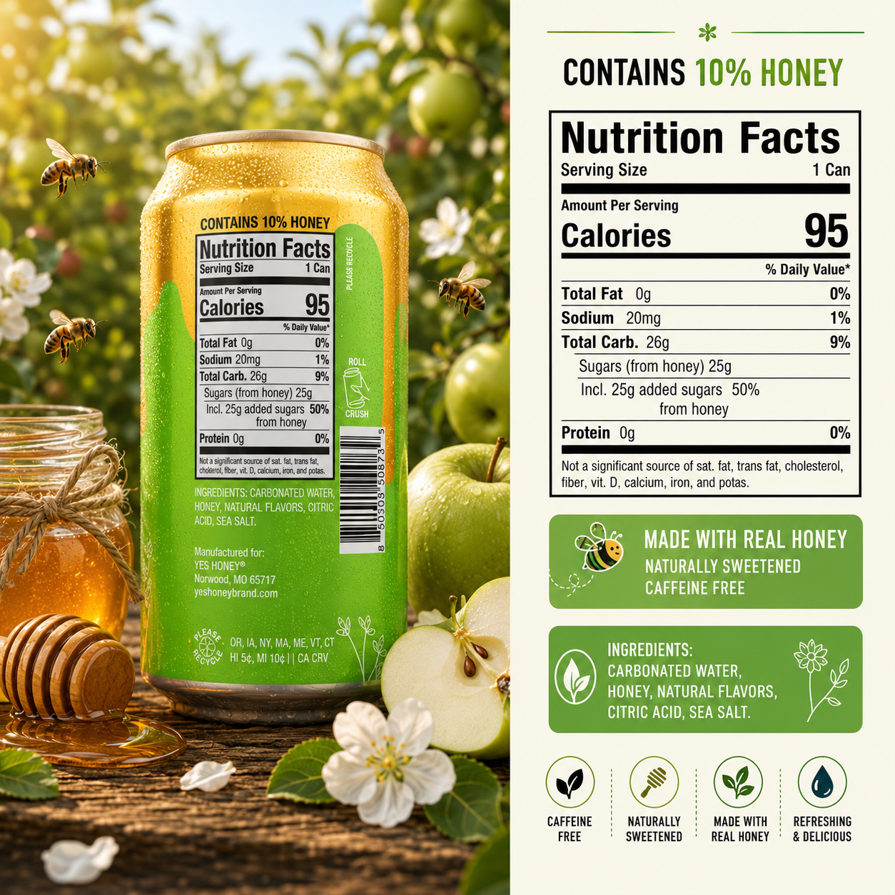 Yes Honey Apple Soda Caffeine Free | No Corn Syrup | Natural