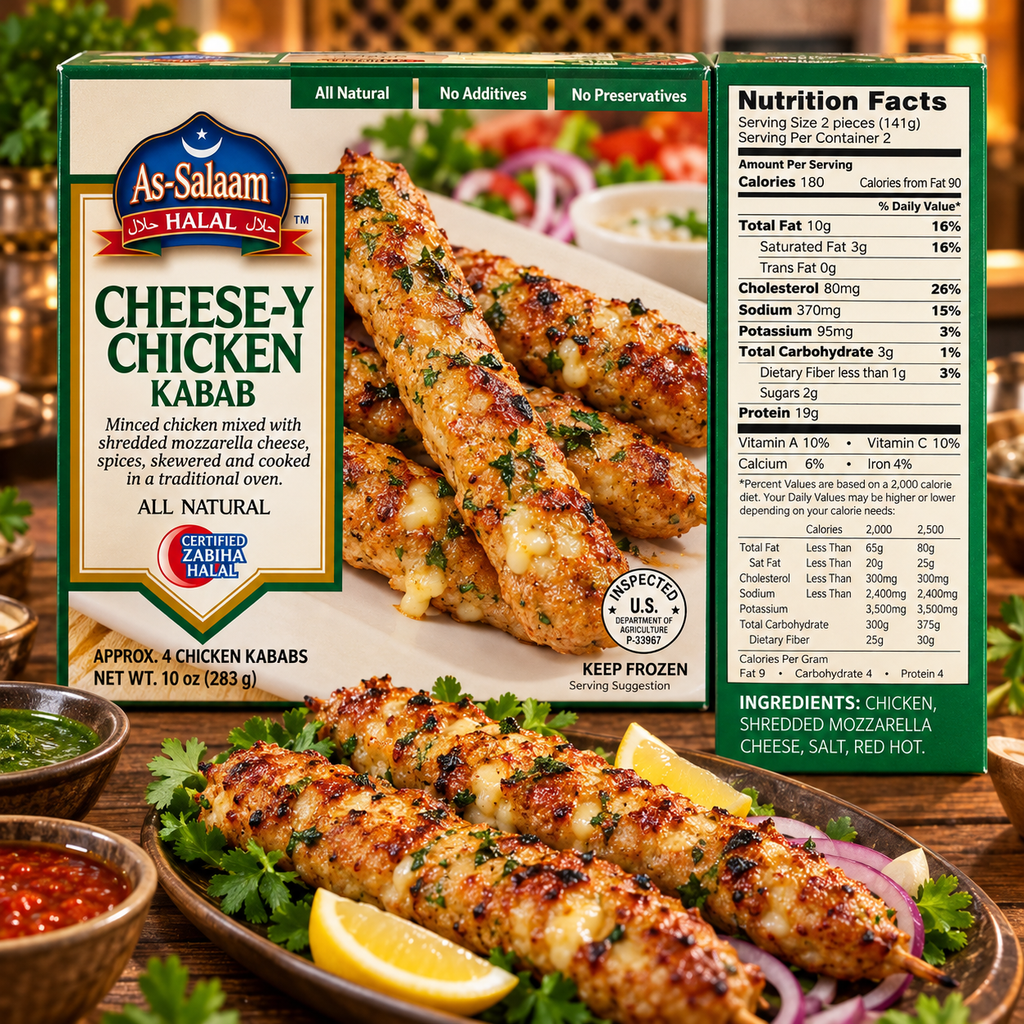 As-Salaam Halal Cheesy Chicken Kabab 10 oz box with nutrition facts