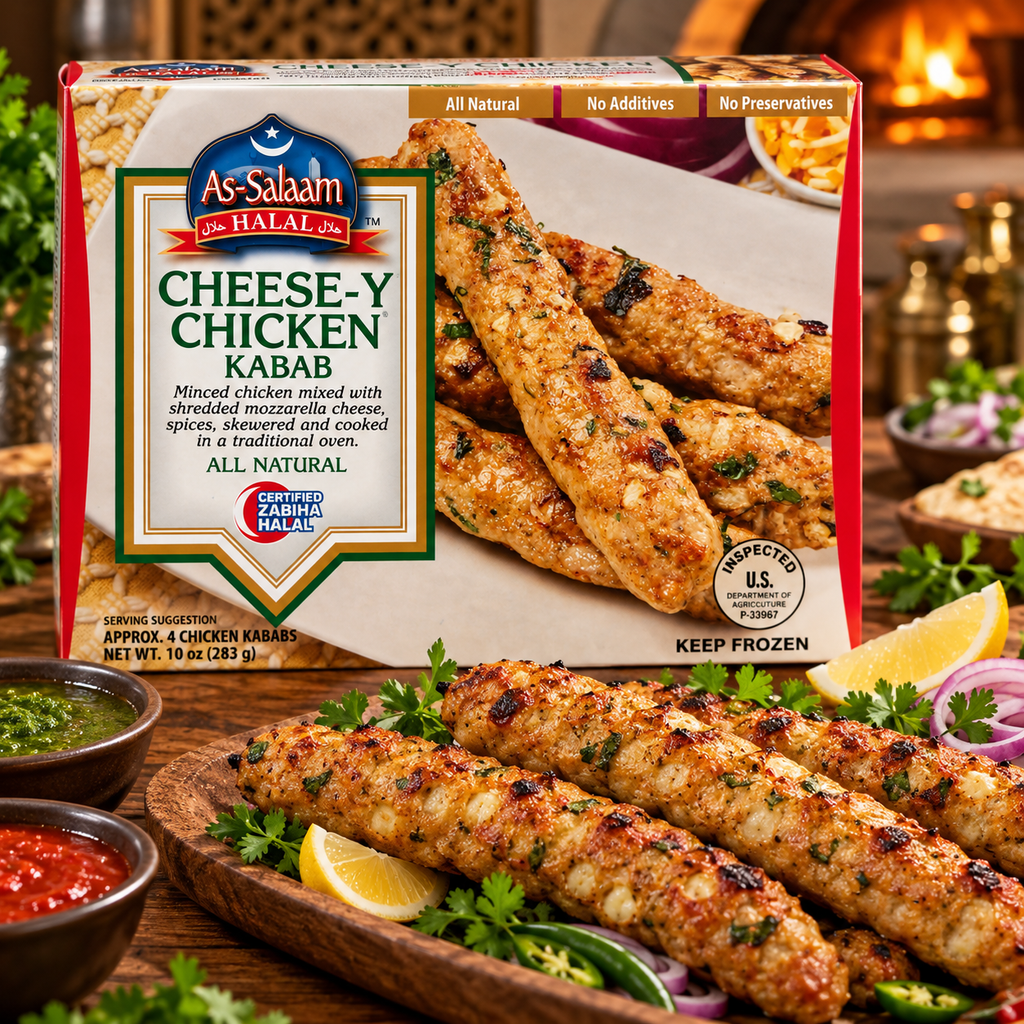 As-Salaam Halal Cheesy Chicken Kabab 10 oz served with chutney and lemon