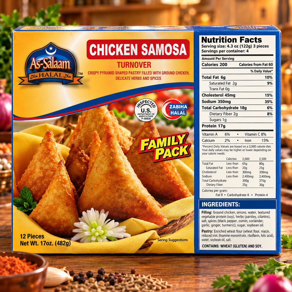 As-Salaam Halal Chicken Samosa Family Pack box, 12 pieces, 17 oz – front and nutrition facts
