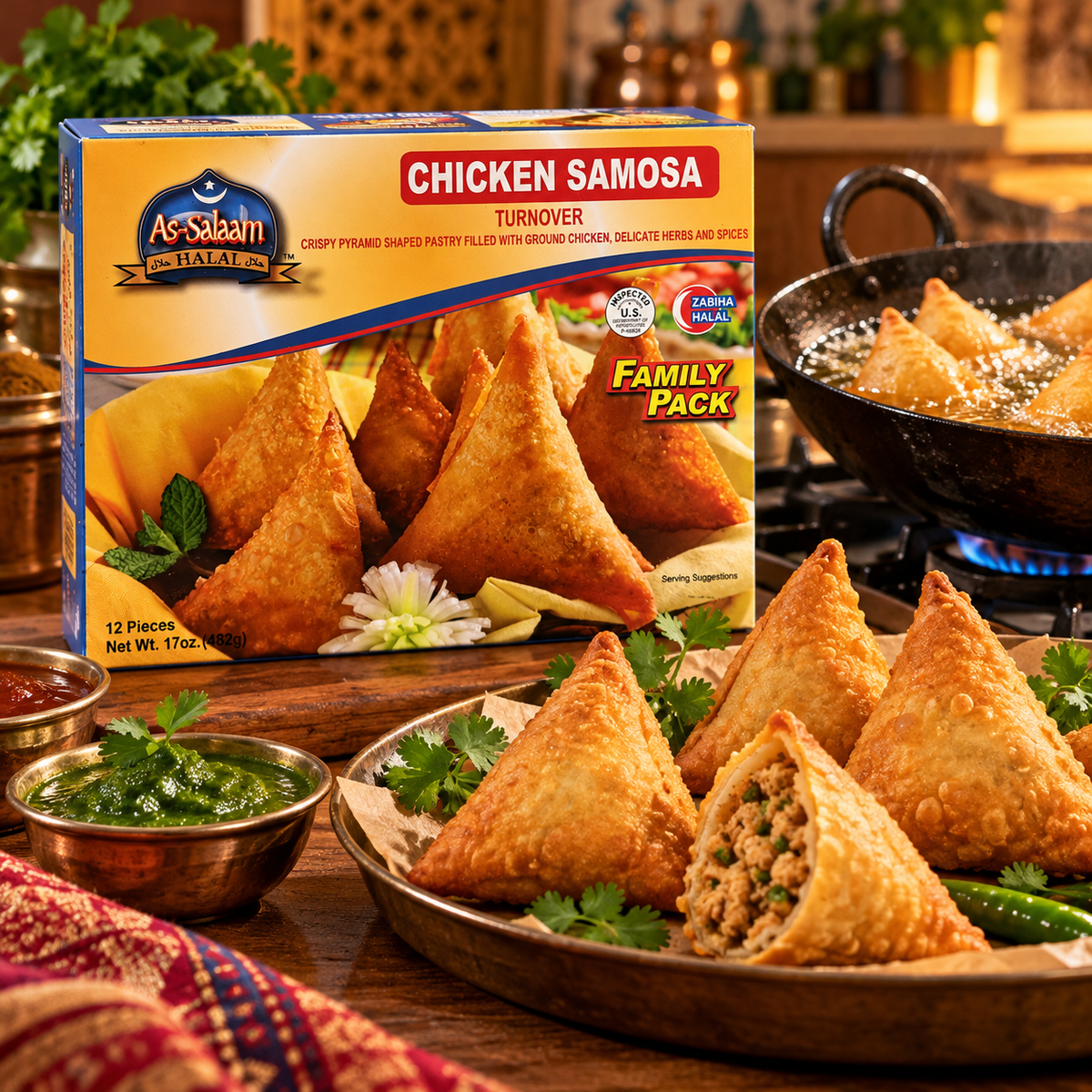 As-Salaam Halal Chicken Samosas served with mint chutney – Family Pack 12 pieces